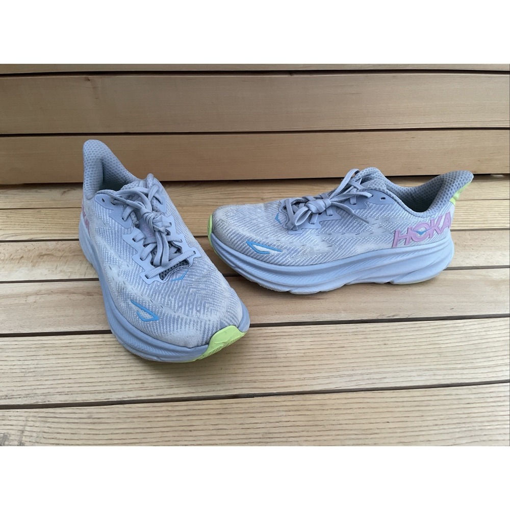HOKA CLIFTON 9 Running Shoes Size 9B Sneaker Gull Sea Ice GLLS Blue Pink